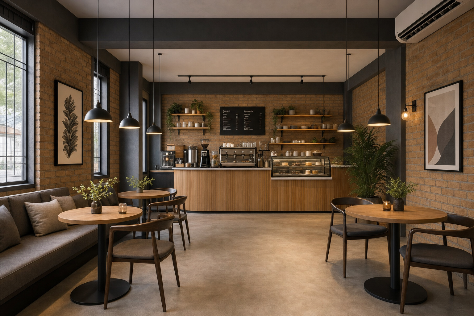 Concept de café gerado com OTELIE, iluminação, materiais e layout